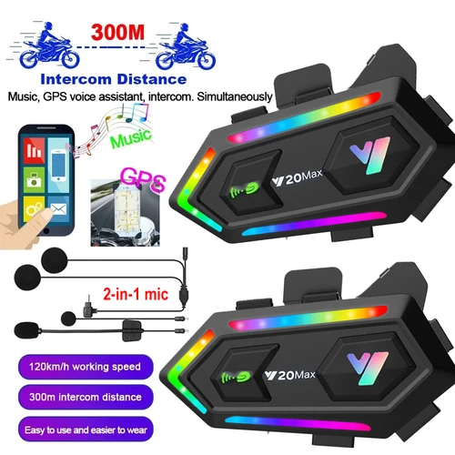 Y20 MAX casco de motocicleta auriculares Bluetooth intercomunicador con mezcla V5.3 IPX6 impermeable RGB efecto de luz colorida batería de 1000mAh