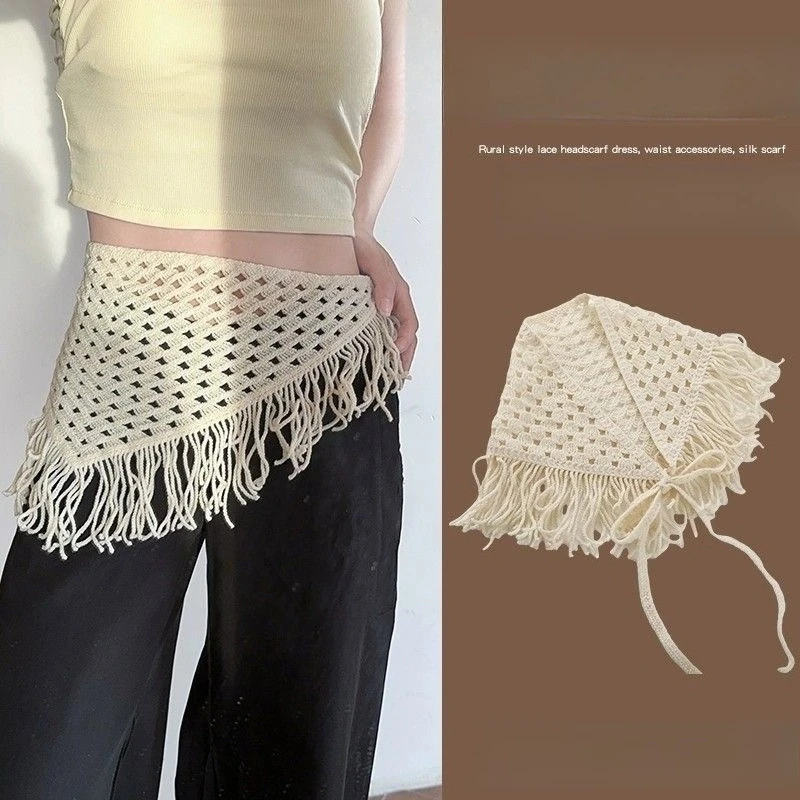 

Korean Style Irregular Retro Skirt Curtain Hollow Knitted Shawl Lace Crochet Triangle Scarf Belt for Women Fashion Accessory