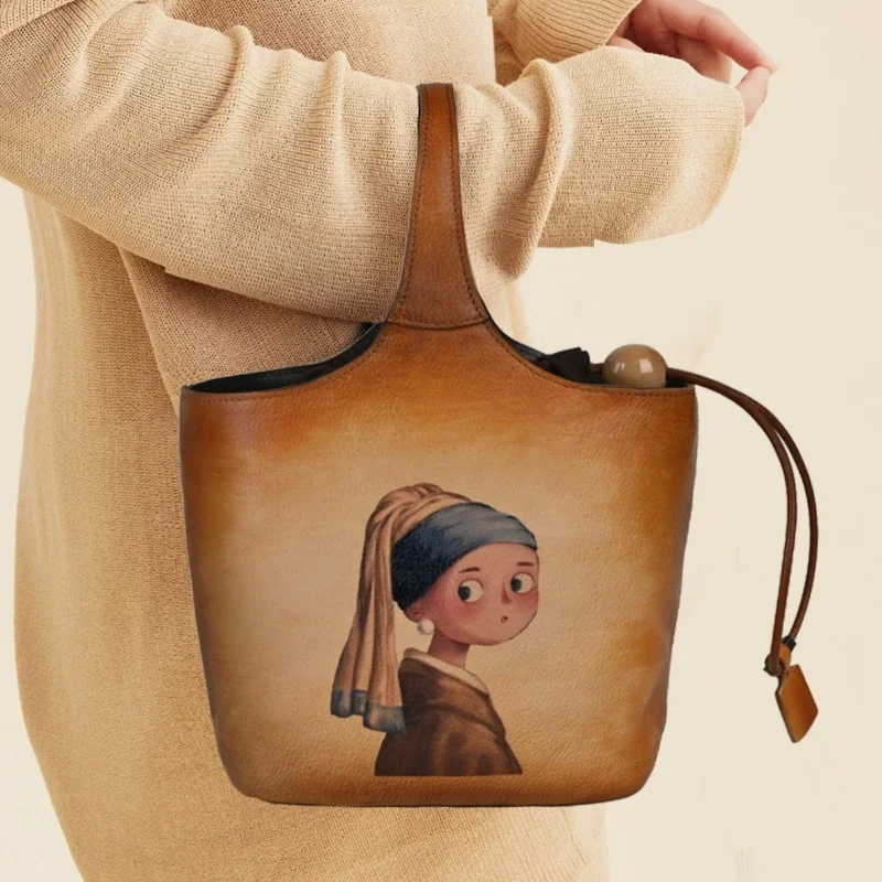 Sac à main rétro en cuir véritable pour femme, sac à bandoulière en cuir de vachette première couche, sac à main imprimé, 109.niche ary E27, sangle initiée