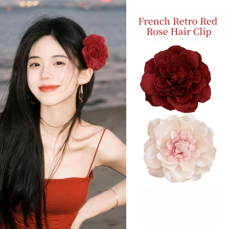 

French Retro Red Rose Hair Clip Vintage Holiday Style Big Flower Bangs Side Clip Party Beach Hair Accessories for Women Hairpins