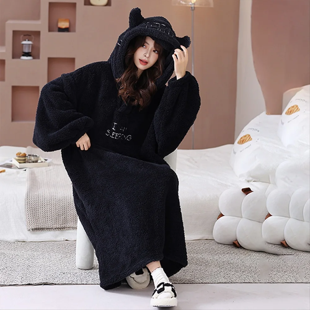 Autumn Winter Black Lmp Hooded Long Nightgown Rice Grain Fleece Lazy Robe Bathrobe Extra Thick Large Size Pajamas Home Wear