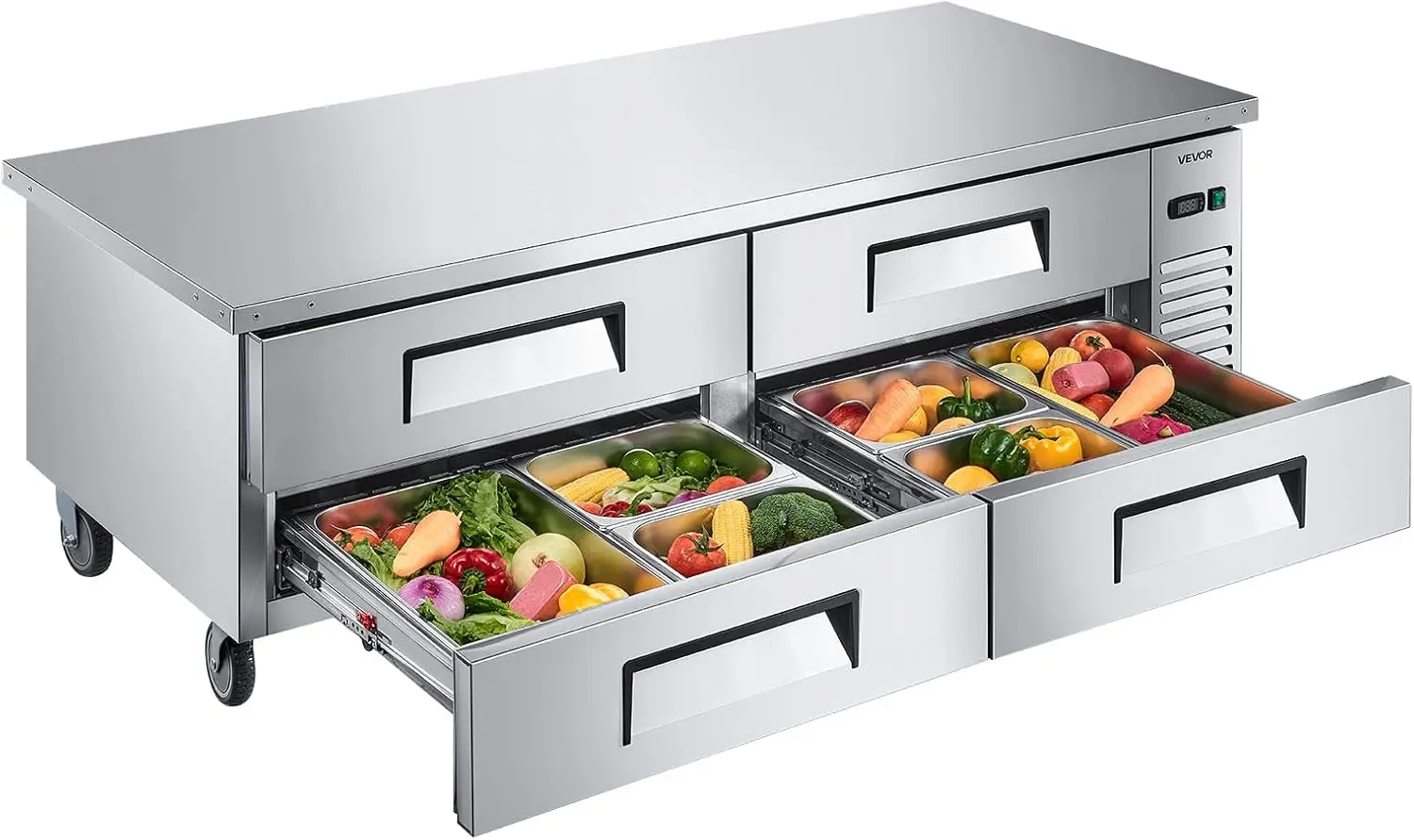 72 in Chef Base Refrigerator, 4-Drawer Worktop Fridge, 12 Pans