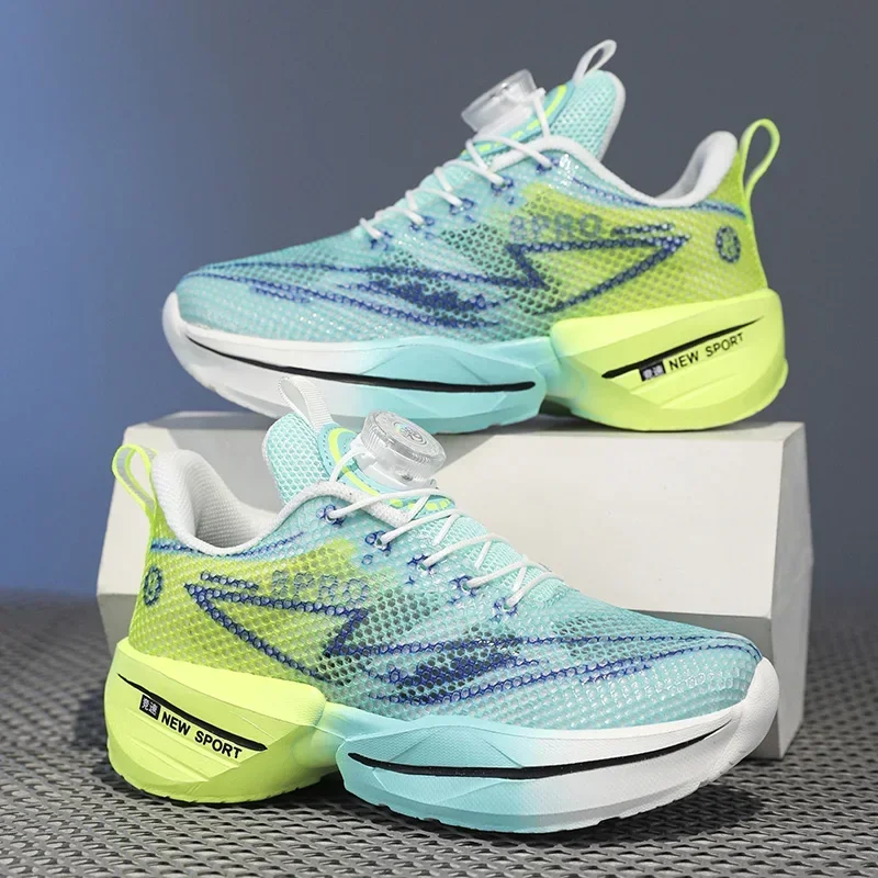 Kids Women Running Shoes Rotating Buckle Quick Lacing Breathable Mesh Sneakers Cushion Gradient Athletic Shoes Size