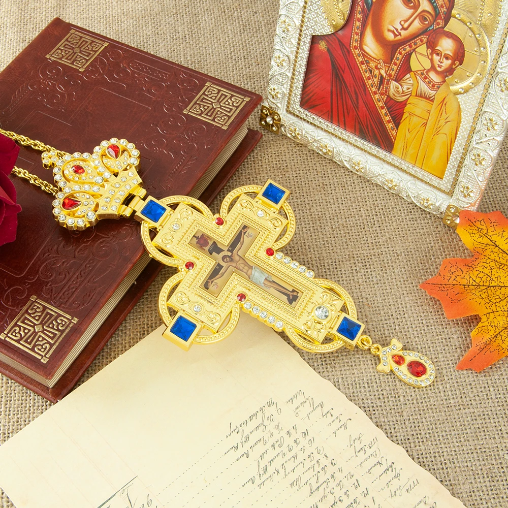 HTISOK Orthodoxes Christliches Kreuz-Anhänger, vergoldet mit Edelsteinen und Strasssteinen, Orthodoxes Geschenk für Pastor, Ostern, Hochzeit, Kirche – Detail 11