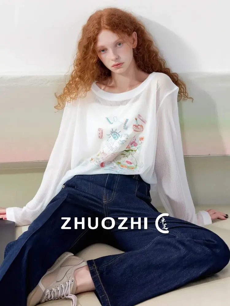 

ZhuoZhi Loose Floral Print Micro Transparent White T-irt 2025 Autumn New Sle Casual Creative Design Long Sve Top