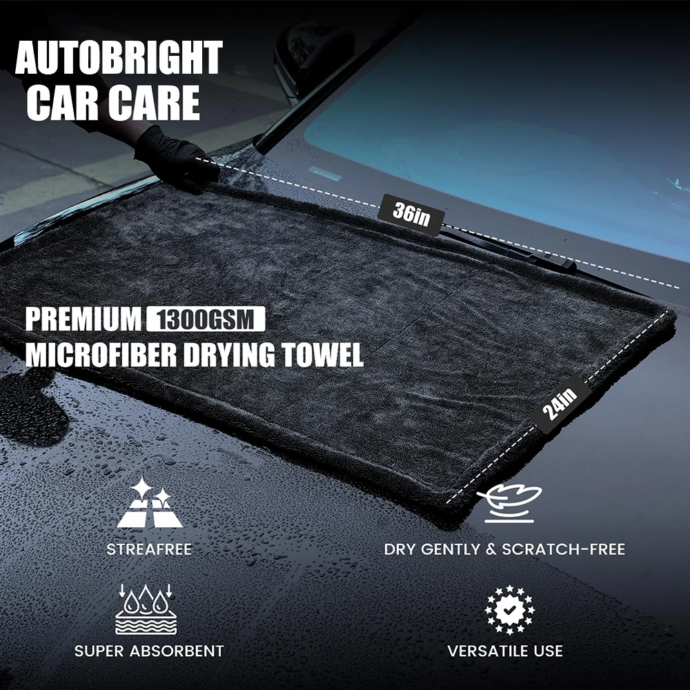 AUTOBRIGHT Microfiber 1300gsm 60*90cm 36*24inch One wipe drying Towel Car Wash Cloth Thicken Soft Professional Car Cleaning Tool