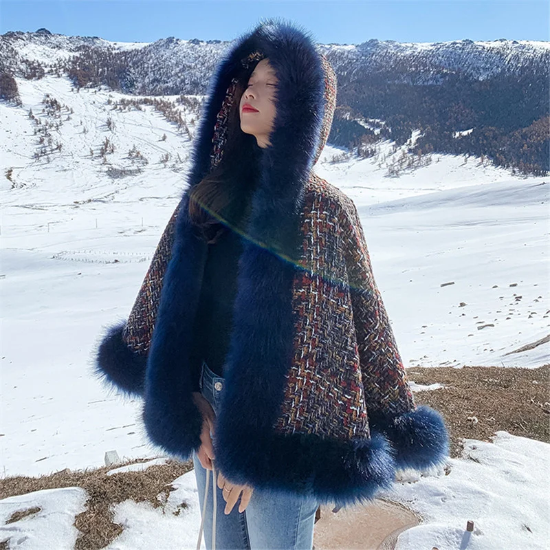 Winter Thick Warm Tweed Jacket Women Big Fur Collar Hooded Shawl Cloak Fur Coat Female Loose Short Woolen Splicing Fur Jacket