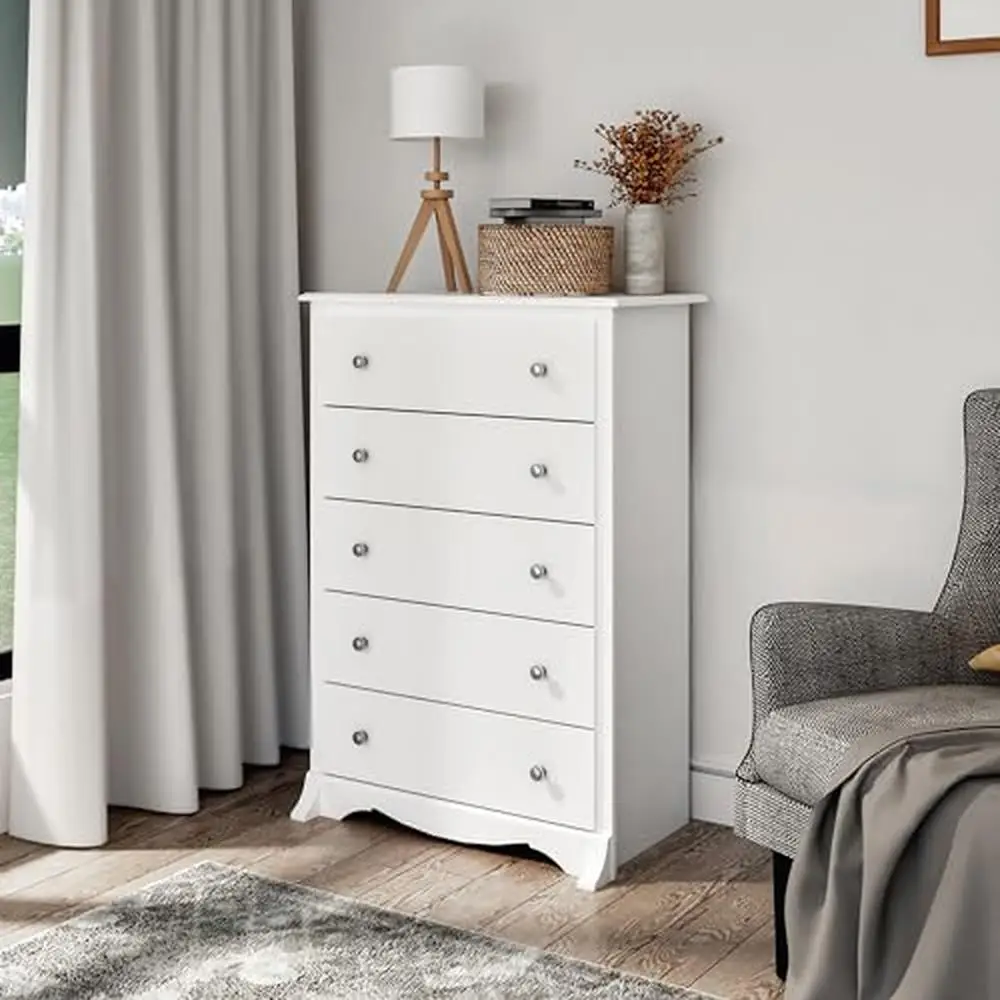 Commode en bois de chambre à coucher 5-MELChest avec ample rangement mn et commode spacieuse des portes de proximité, finition blanche pour chambre ou salon