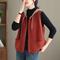 2024 New Hooded Knitted Vest Coat Women's Spring Autumn Sweater Sleeveless Jacket Design Sense Fashion Waistcoat Tide Female Top