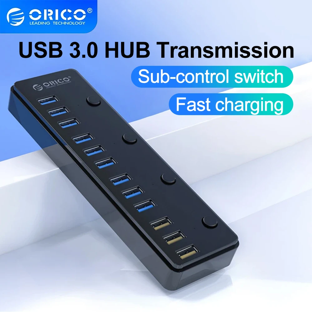 ORICO USB Hub Splitter Socket with Powered Multi USB 3.0 Port Slot Plug On-Off Key Switch Dock Power Strip Adapter for PC Laptop