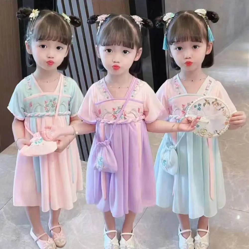 New Chinese Style Baby Girl's Dress Vintage Short Sleeve Hanfu Dress Pink Purple Children's Princess Dress Baby Girl's