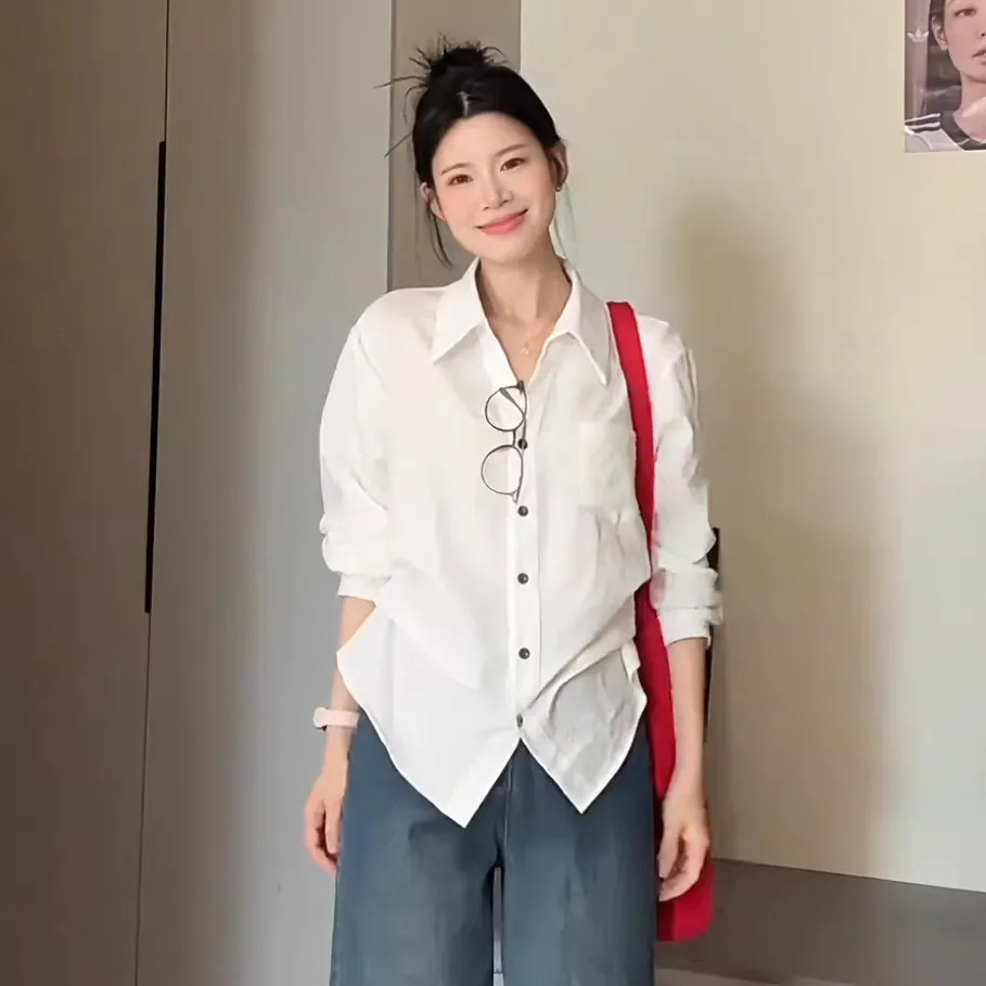 

Корейская женская блузка с длинным рукавом, белая, весенне-осенняя, с присборенной талией, свободного кроя, универсальная, для многослойных образов, с расклешенным подолом