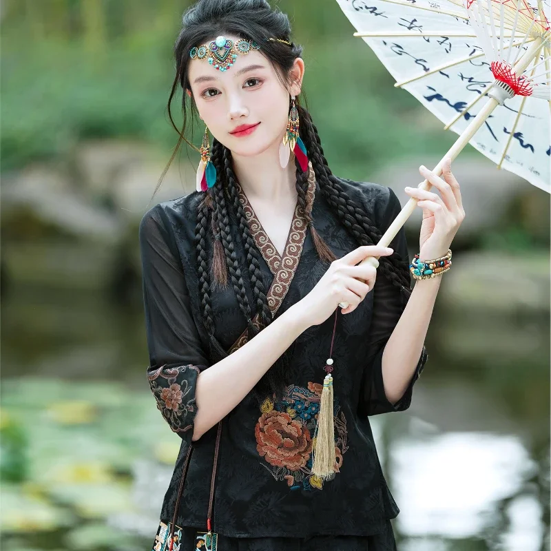 Chinese Style Improved Hanfu Exquisite Embroidery Blouse for Women Slanted Breast National Elegant Black Lace-up Party Shirt