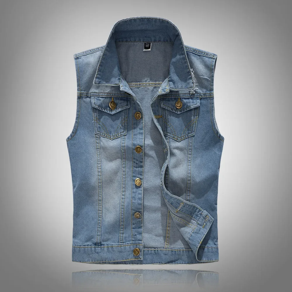 HOO 2025 Men's Slim-Fit Light Blue Denim Vest Youth Ripped Trendy Lapel Vest