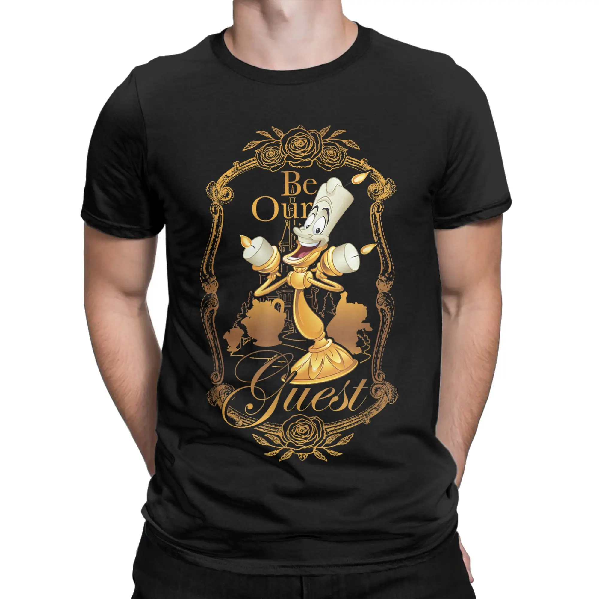 Beauty and The Beast Be Our Guest Lumiere Poster Men's T Shirts  Funny Tees Short Sleeve Crew Neck T-Shirts Plus Size Tops