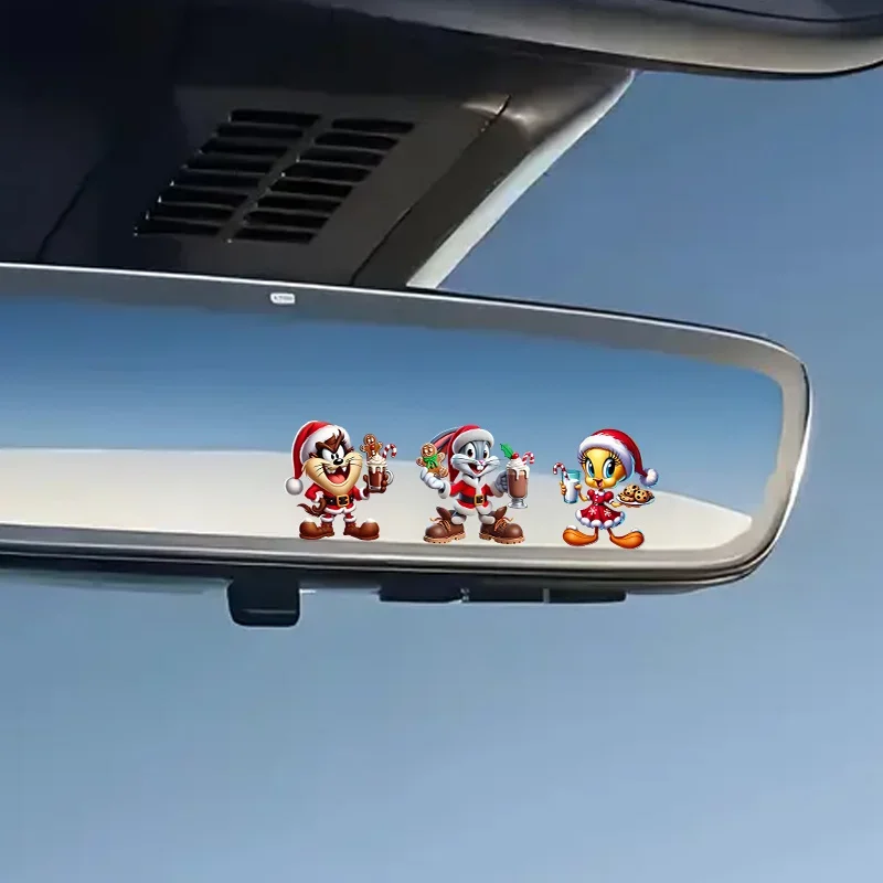 자동차 및 오토바이용 1개의 '축제 만화 삼중조' 스티커, 차량 내부 스타일링을 위한 크리스마스 산타 모자 그래픽 데칼