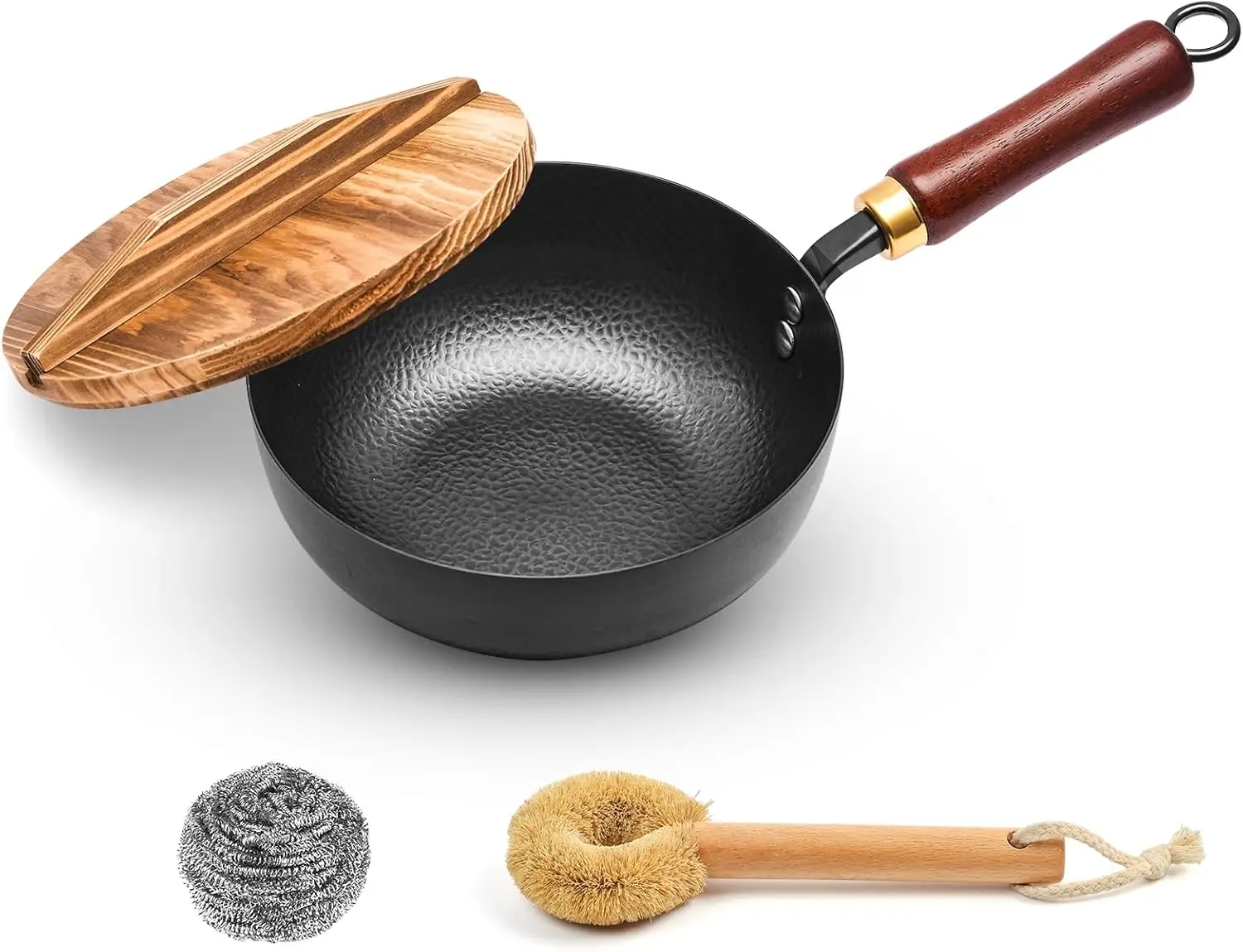

7.8 Inch Small Wok, Cold-Forged Iron Pot with Wooden Lid & Handle, 1.6 QT Sauce Pan for 1-2 Servings, Multipurpose Flat Bottom W