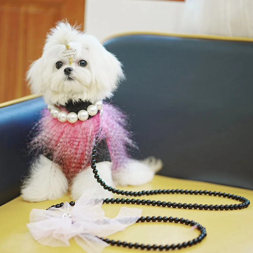 Luxury INS Rope for Dog, Pearl Leash Bow, Pet Necklace, Traction Rope, Dog Accessories, Small and Medium Dog, Yorkies, New