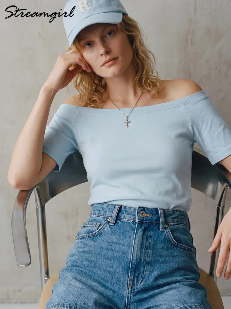Women Off Shoulder T Shirts Plain White Oversized Summer Blue Sexy Short Sleeve Top Tees Basic Loose Women's T Shirts Yellow