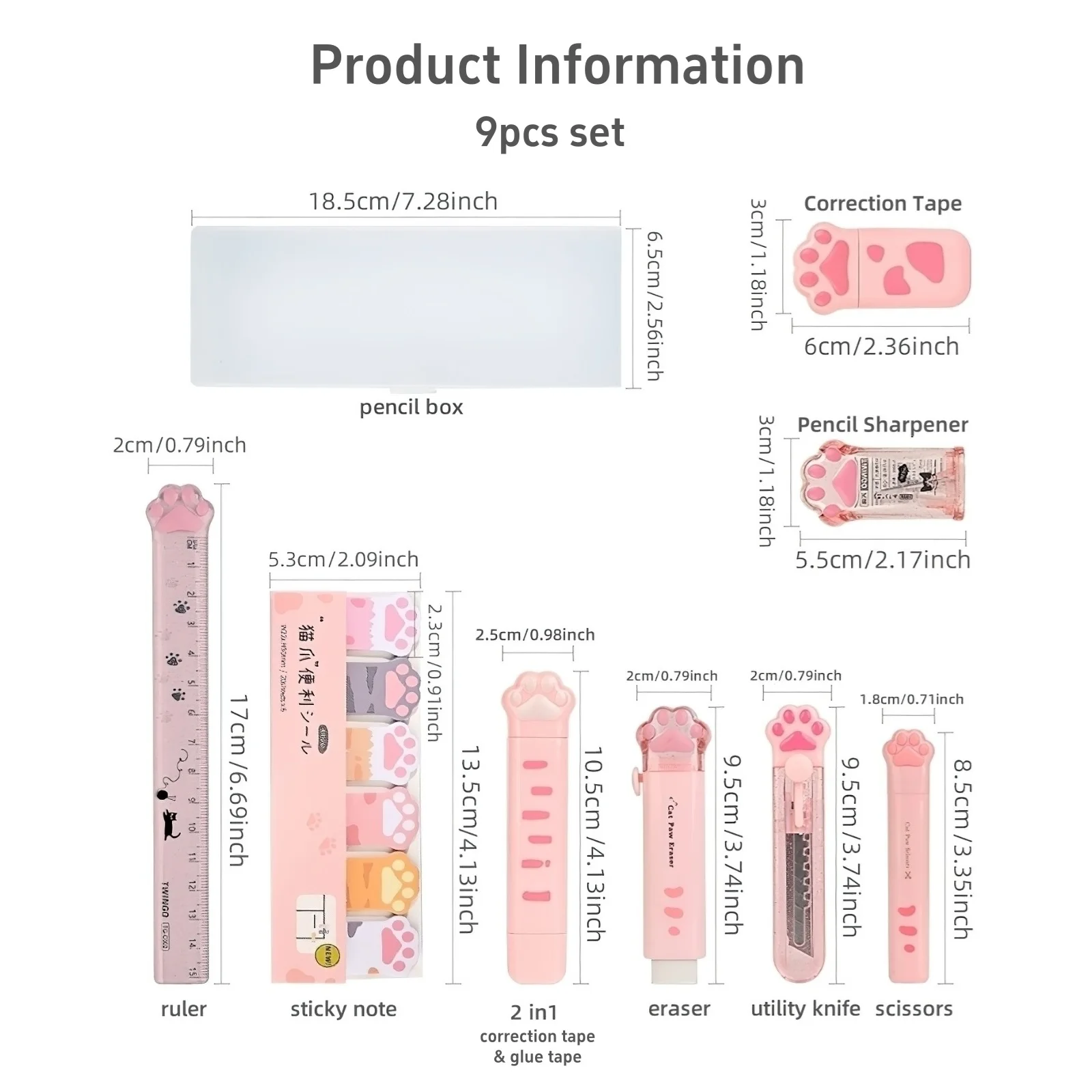 9pcs Cat Paw Themed Stationery Box Set for Kids with Foldable Scissors Ruler Eraser Correction Tape And Glue Tape F3050