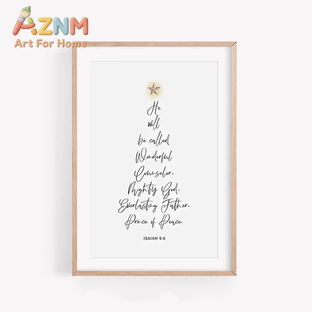 AZNM Isaiah 9:6 Bible Verse Canvas Wall Art Christmas Tree Shape Scripture Quote Minimalist Religious Home Decor Unframed Canvas