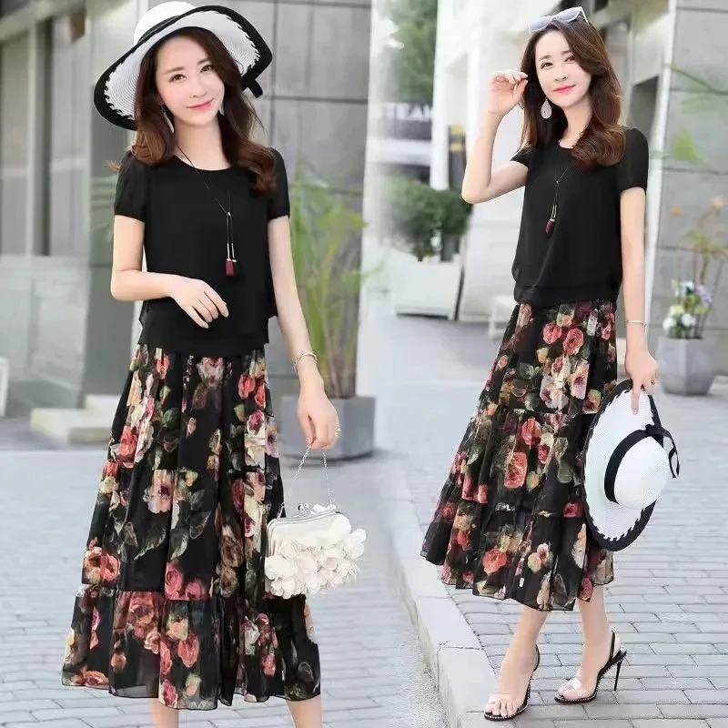 Chiffon Print Plus Size 5xl For 85kg Skirt 2 Piece Set Elegant Korean Tops + Loose Midi Faldas Casual Conjuntos Fashion New Suit