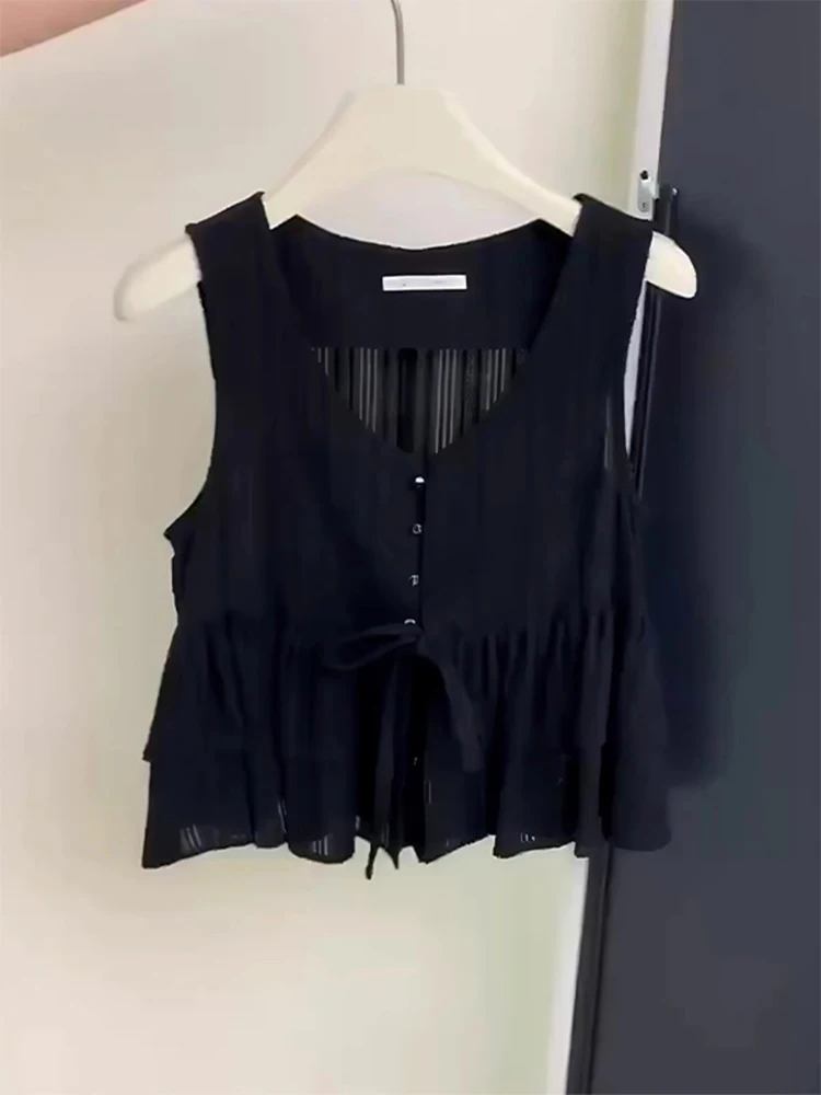 

Женская летняя новинка: элегантный топ без рукавов с V-образным вырезом, приталенный жилет с кружевной отделкой по низу и пуговицами