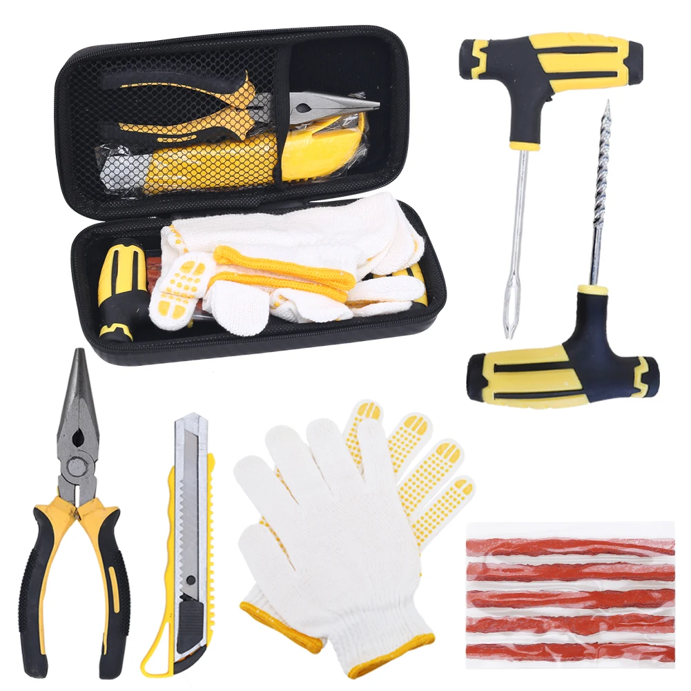 Car Tire Repair Tool Kit Studding Set Auto Bike Puncture Plug Garage Needle Nose Pliers Vacuum Film Nail Screws W/ Storage Case