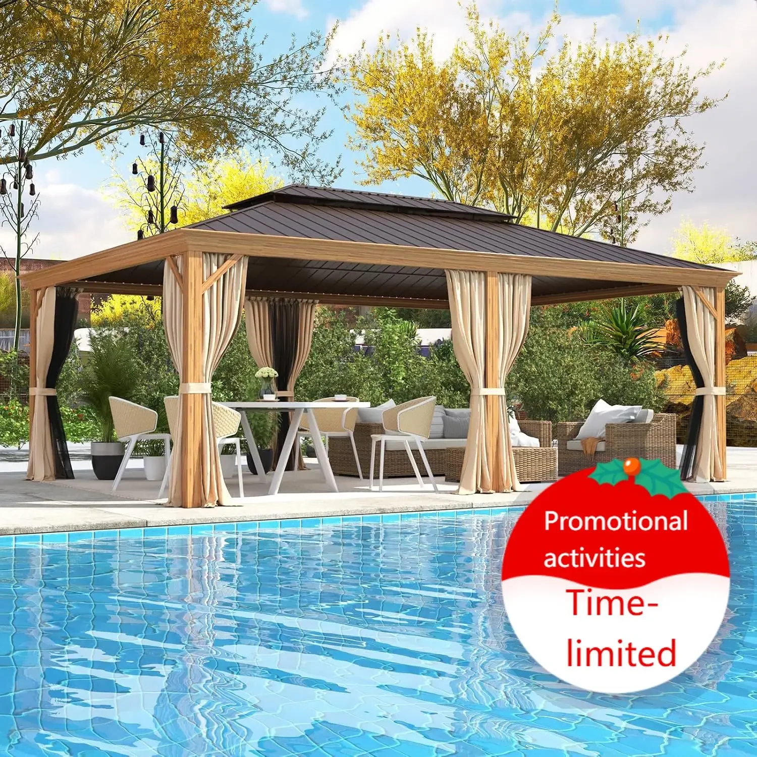 14'x20' Gazebo, Galvanized Steel Double Roof with Wood Grain Aluminum Frame, Outdoor Permanent Metal Pavilion with Curtains and