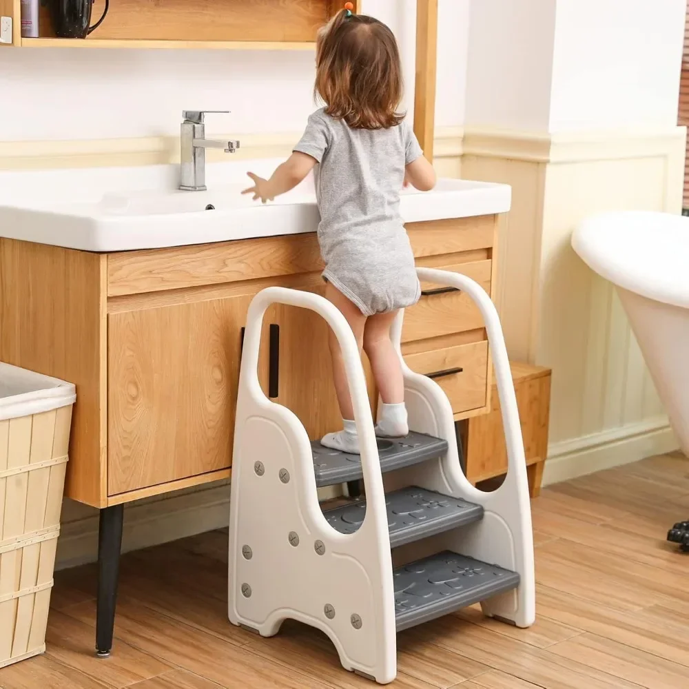 Taburete de 3 escalones plegable con asa para niños pequeños, torre de pie para lavabo de baño, entrenamiento para ir al baño, aprendizaje de elevación para niños