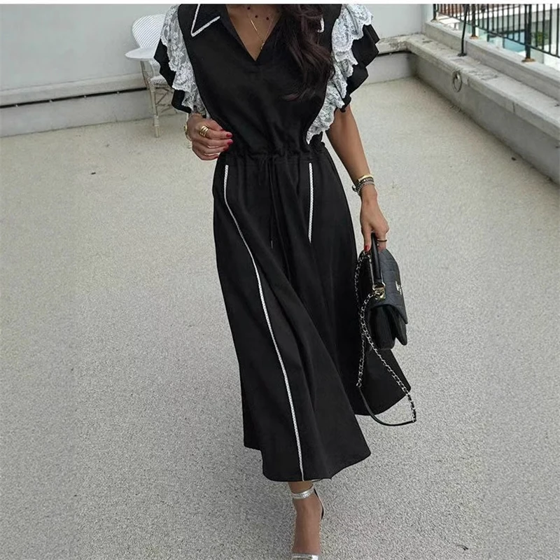 تنورة طويلة أنيقة من Ele Summer 2025 للسيدات من Dr Ruffle Splicing New Sle Commute Ort Sve بياقة على شكل حرف a...