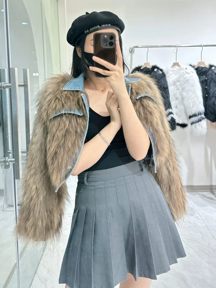 

Fur CoatNew Raccoon Hair Woven Fur Coat Young Ultra-short High-waisted Denim Stitching