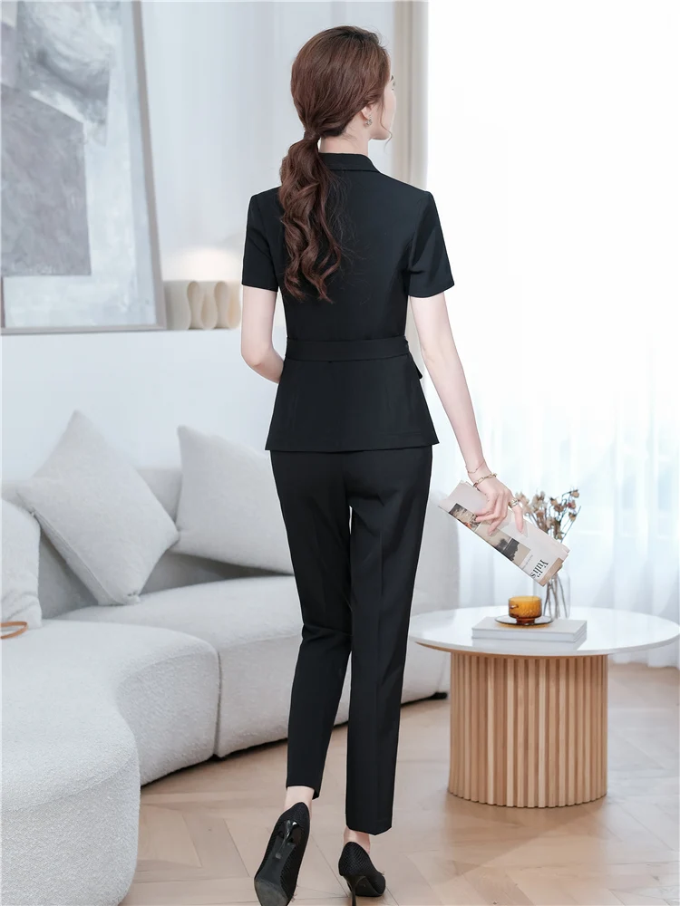 Red Pants Suit for Women Sexy V-Neck Belt Short Sleeve Blazer Coat+Pants Trousers Female Office Suit 2 Pcs Sets 2024  Summer