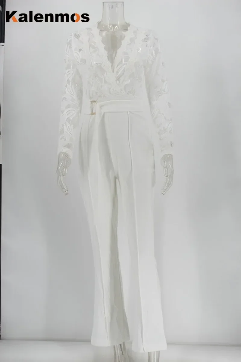 New In Jumpsuit Women White Overalls Party Lace Rompers Bodysuit One Piece Long Sleeve V-neck Long Pants Y2k Elegant Spring Work