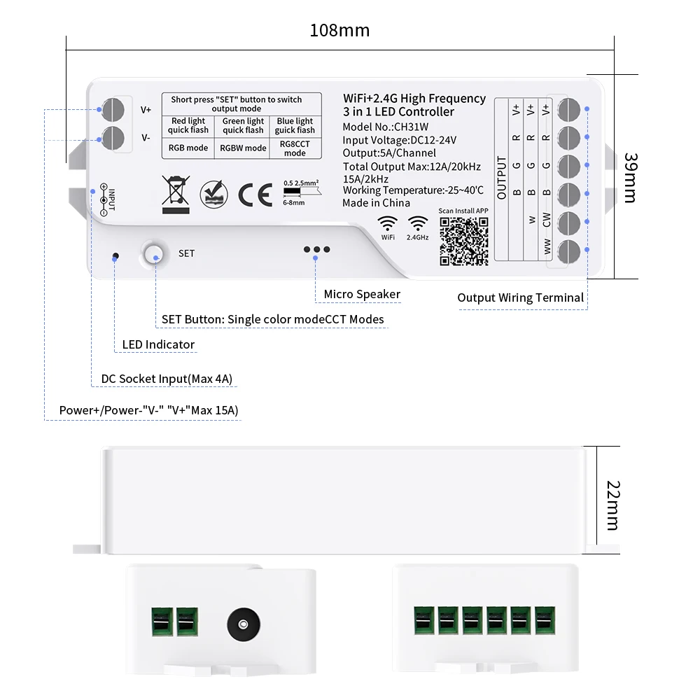 2.4G WIFI High Frequency 2/3 in 1 LED Controller CH21W CH31W For COB SMD 5050 DIM CCT RGB RGBW RGBCCT Led Strip Light 12-24V