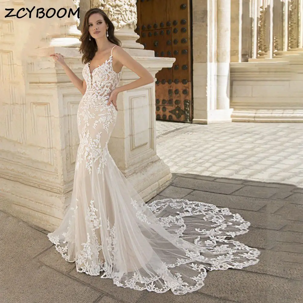 Vestidos de casamento sereia para mulheres, renda, apliques de tule, cinta de espaguete, corte, vestido de noiva, querida sexy, 2024