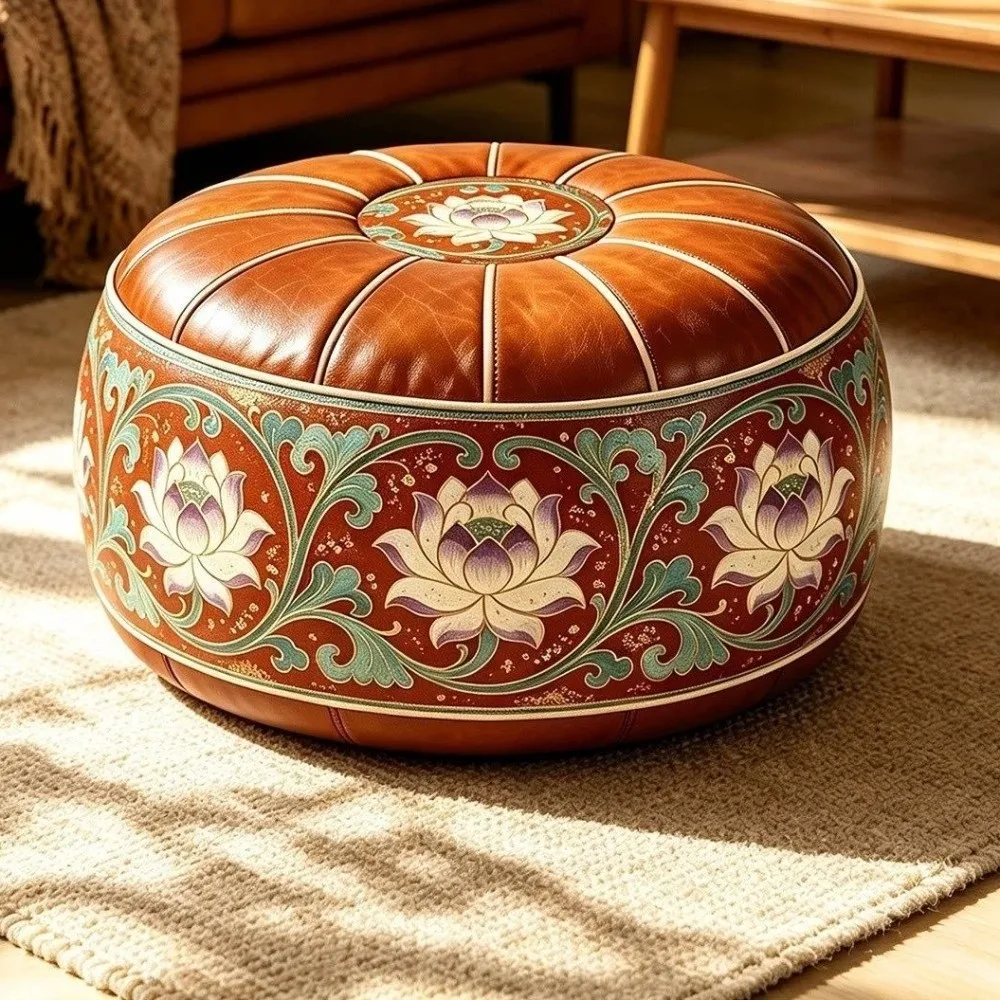 PU Leather Round Sofa Stool Cover Space-Saving Waterproof Seat Cushion Cover Foldable Vintage Tatami Sitting Mat Apartment