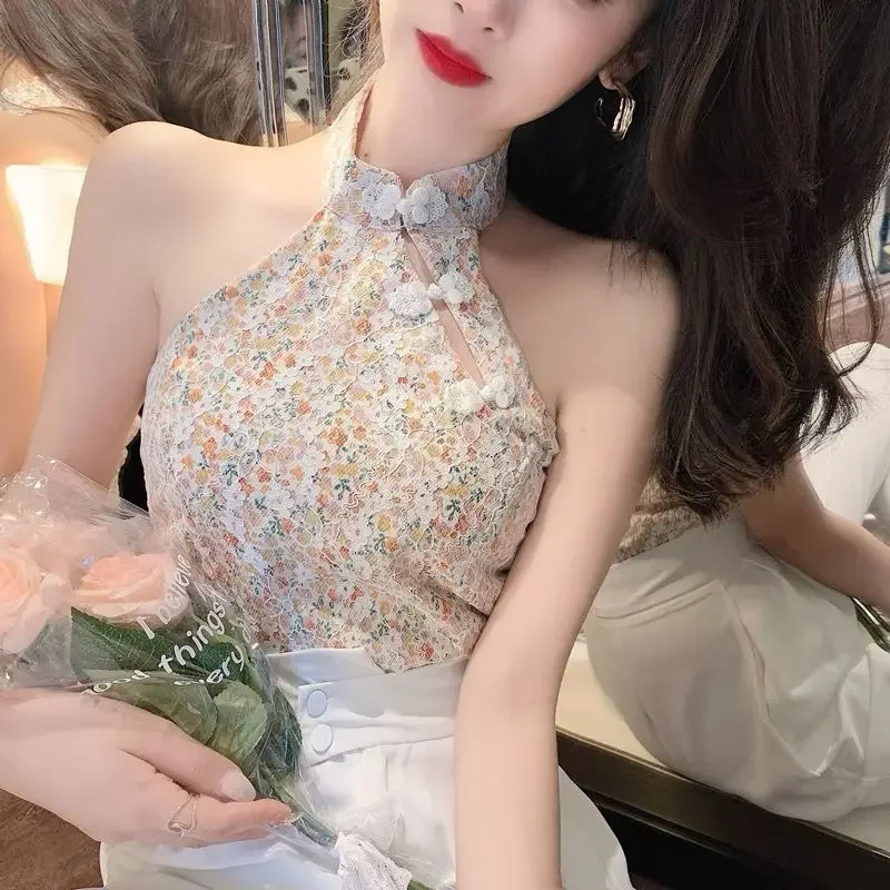 

Neck Vest Cheongsam Sling Top for Women Retro Sexy Lace Halter