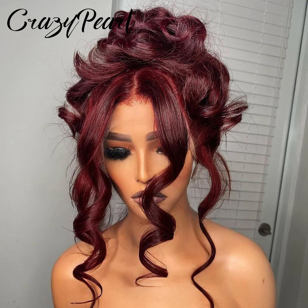 99J Burgunderrote Lace-Front-Perücken aus Echthaar, 250 % Dichte, 13x6 Body Wave Lace-Front-Perücken, vorgezupft, kleberlos