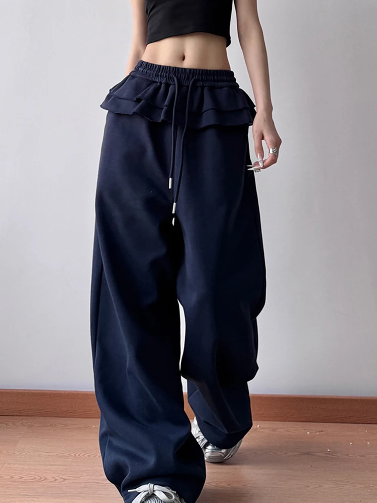 [Vibe] High Elastic Waist Gray Ruffles Drawstring Wide Leg Pants New Trousers Women Fashion Tide Spring Autumn 2025