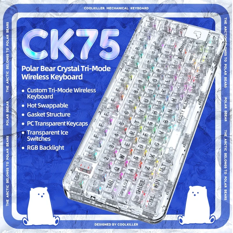 【 Direct delivery from stock 】CoolKiller CK75 Wireless Transparent Gasket Mechanical Keyboard-Polar Bear