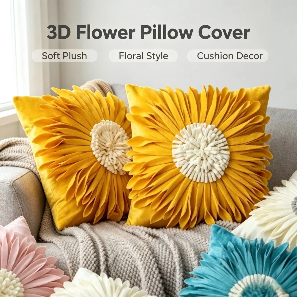 Fashion Modern 45*45cm Velvet Throw Pillow Cover, 3D Chrysanthemum Stitching Cushion Case for Sofa Home Bedroom Decor