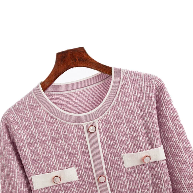 Petite robe trapèze rose mince pour femme, col rond, taille haute, manches longues, pull, automne, nouveau