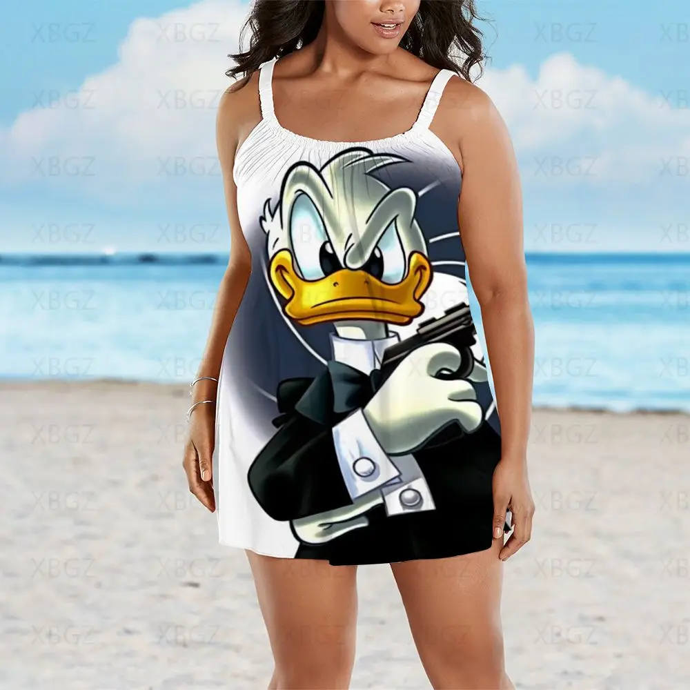 Plus Size Dresses Sleeveless Summer Outfits Woman 2022 Donald Duck Elegant Women Sexy Chic Dress Disney Print Beach Cartoon Boho