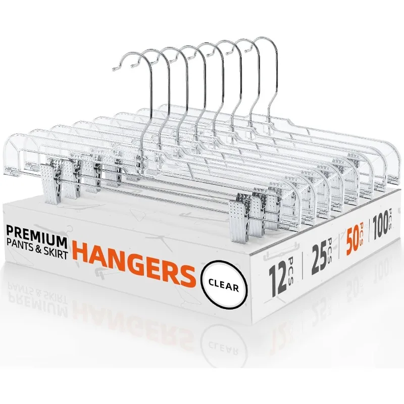 12 Pack 14 inch Clear Plastic Skirt Hangers with Adjustable Clips, Pants Hangers 360-Rotating Swivel Hook