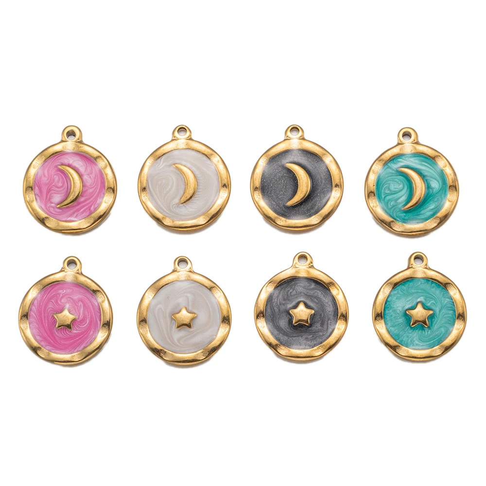 5Pcs Stainless Steel Gold Color Enamel Moon Stars Charms Pendants For DIY Earrings Necklace Jewelry Making Supplies Wholesale