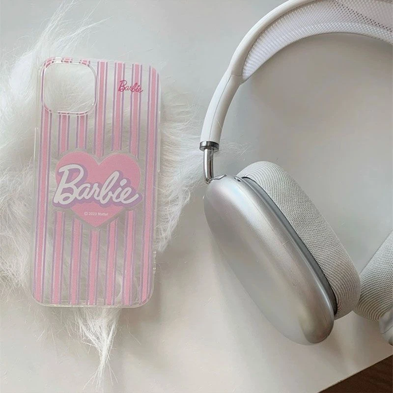 Fashion Pink Stripe 3D Heart Love Cute Barbie Cartoon Bow Cover For iPhone  X XS XR 7 8 Plus 11 12 13 14 15 Pro Max Clear Case