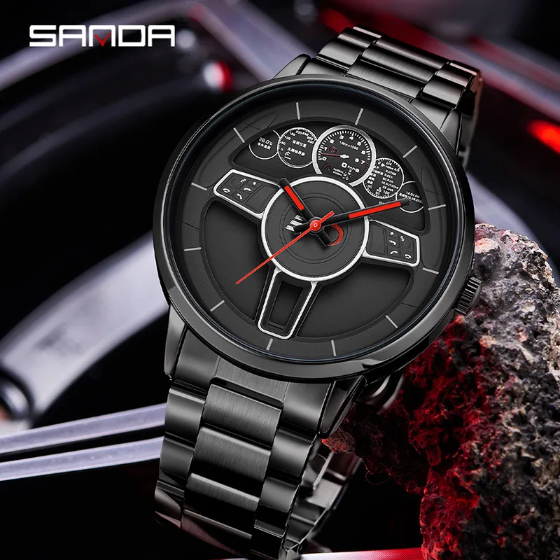 SANDA 1139 Quartz Watches for Male Casual Fashion Wheel Design Simple Men\'s Business Watch Waterproof Stainless Steel Wristwatch