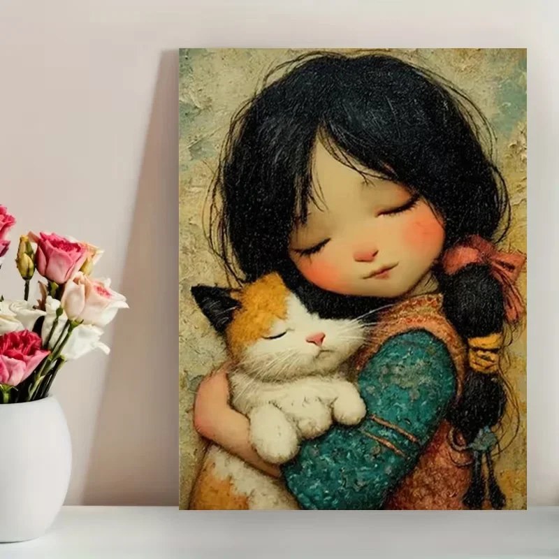 Multiple sizes 1pc frameless Canvas Painting,Little Girl with Dark Hair Cozy and Dreamlike Poster and Prints Canvas Painting Wal