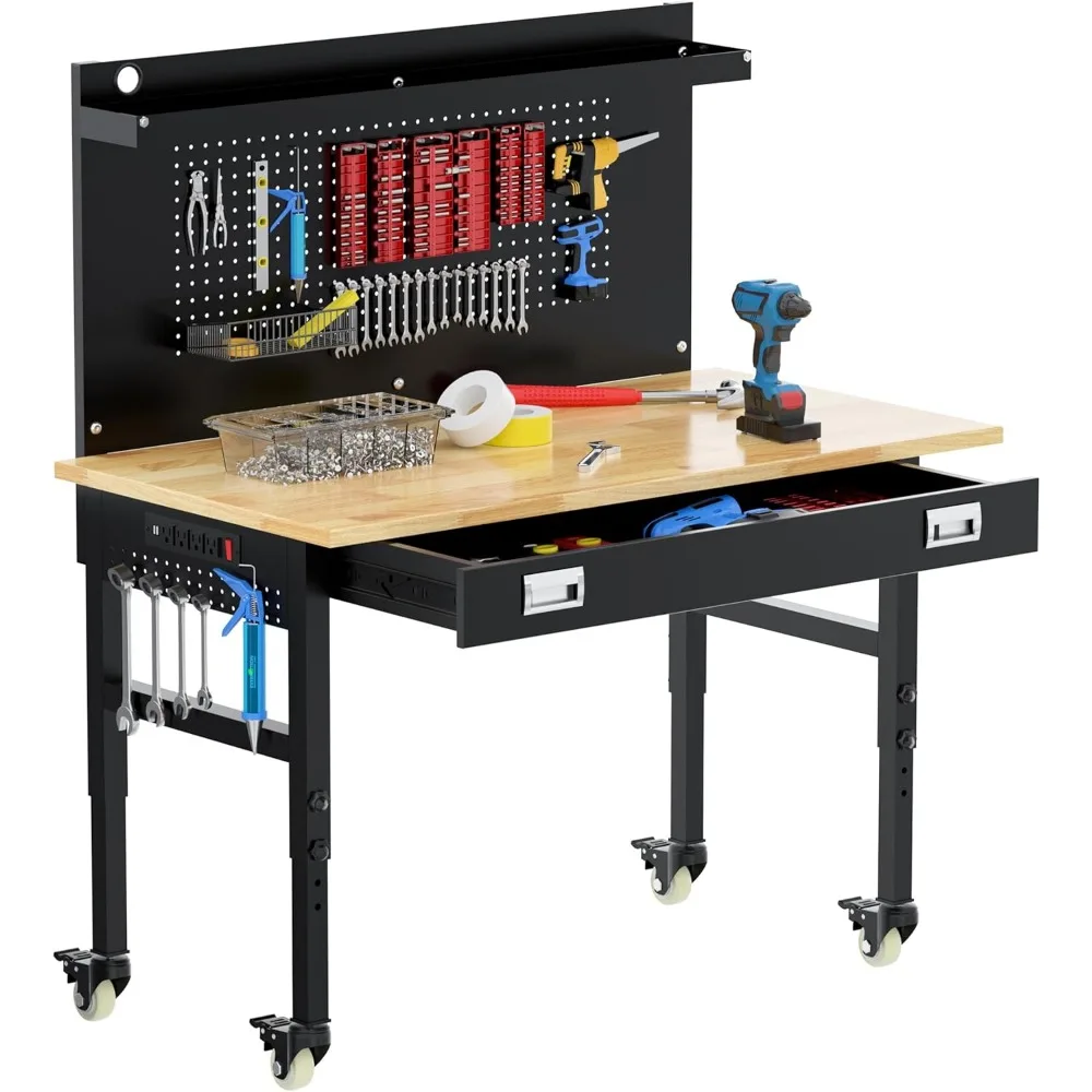 

48" Heavy Duty Adjustable Workbench with Large Pegboard, Adjustable Work Table with Power Outlets & Lockable Wheels, Rubber Wood